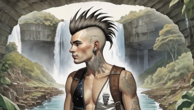 solo,black hair,1boy,brown eyes,jewelry,collarbone,upper body,male focus,earrings,water,black eyes,vest,tree,tattoo,profile,facial hair,leaf,scar,plant,nature,ruins,waterfall,mohawk,bag,lips,muscular,piercing,backpack,ear piercing,realistic,undercut