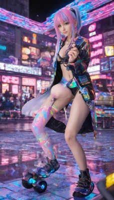 1girl,solo,long hair,breasts,looking at viewer,smile,bangs,thighhighs,long sleeves,navel,holding,cleavage,brown eyes,jewelry,medium breasts,underwear,blue hair,standing,jacket,swimsuit,full body,ponytail,pink hair,bikini,multicolored hair,earrings,outdoors,parted lips,open clothes,shoes,necklace,nail polish,black footwear,bra,blurry,two-tone hair,open jacket,lips,coat,black jacket,tattoo,night,black bikini,piercing,single thighhigh,sneakers,reflection,science fiction,open coat,city,skates,cyberpunk,roller skates,neon lights,purple hair,small breasts,shorts,pink eyes,short shorts,building,bikini top only