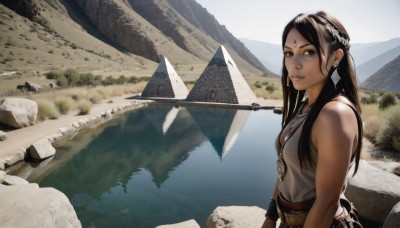 1girl,solo,long hair,breasts,looking at viewer,smile,brown hair,black hair,hair ornament,bare shoulders,brown eyes,jewelry,upper body,weapon,earrings,outdoors,sleeveless,day,dark skin,water,necklace,bracelet,dark-skinned female,lips,scenery,circlet,rock,mountain,watercraft,river,boat,lake,feathers,pendant,realistic,nose,forehead jewel,landscape