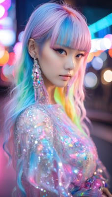 1girl,solo,long hair,looking at viewer,bangs,blue eyes,dress,jewelry,closed mouth,blue hair,upper body,pink hair,multicolored hair,earrings,puffy sleeves,blunt bangs,blurry,from side,two-tone hair,lips,see-through,eyelashes,gradient hair,makeup,depth of field,blurry background,eyeshadow,realistic,nose,bokeh,watermark,wavy hair,expressionless,lipstick,lens flare,pink lips,eyeliner,colorful,mascara,rainbow hair