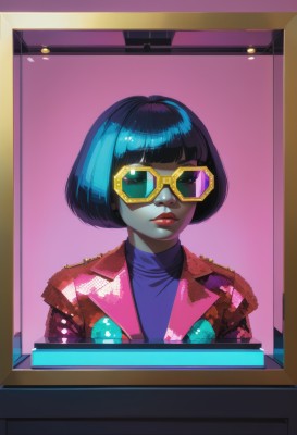 1girl,solo,looking at viewer,short hair,bangs,black hair,closed mouth,green eyes,blue hair,jacket,upper body,shiny,blunt bangs,lips,makeup,colored skin,turtleneck,sunglasses,bob cut,lipstick,red jacket,nose,tinted eyewear,screen,yellow-tinted eyewear,shirt,glasses,indoors,blue shirt,round eyewear,purple shirt,red lips,yellow-framed eyewear,blue-tinted eyewear