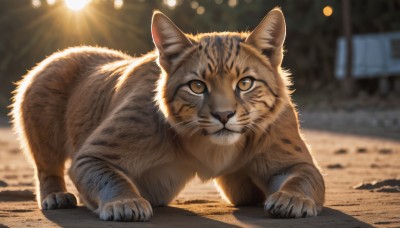 solo,looking at viewer,closed mouth,full body,yellow eyes,outdoors,blurry,no humans,depth of field,blurry background,animal,cat,realistic,sun,animal focus,whiskers,brown eyes,standing,signature,spotlight,stage lights