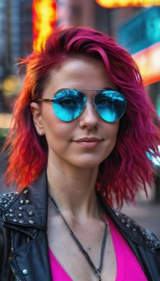 1girl,solo,long hair,breasts,looking at viewer,smile,shirt,cleavage,jewelry,closed mouth,jacket,upper body,pink hair,red hair,multicolored hair,earrings,outdoors,open clothes,glasses,artist name,medium hair,necklace,mole,blurry,two-tone hair,open jacket,lips,black jacket,mole under eye,makeup,depth of field,blurry background,watermark,piercing,sunglasses,denim,lipstick,ear piercing,portrait,web address,freckles,pink shirt,asymmetrical hair,realistic,nose,round eyewear,stud earrings,leather,tinted eyewear,leather jacket,denim jacket,aviator sunglasses,blue eyes,signature,night,zipper,mole on breast,unzipped,neon lights,mole above mouth,blue-tinted eyewear,mole on body