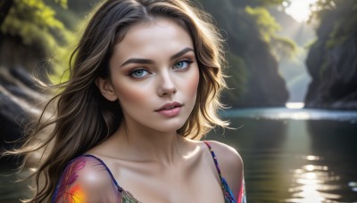 HQ,1girl,solo,long hair,looking at viewer,blue eyes,brown hair,black hair,bare shoulders,collarbone,upper body,outdoors,parted lips,water,blurry,lips,eyelashes,tattoo,makeup,blurry background,portrait,realistic,nose,river,underwear,green eyes,teeth,day,bra,floating hair,depth of field,sunlight,wind,messy hair