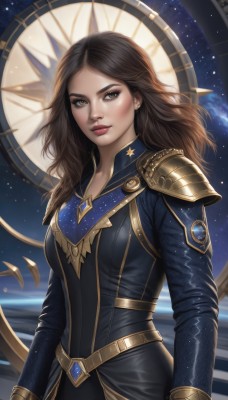 1girl,solo,long hair,breasts,looking at viewer,brown hair,long sleeves,dress,brown eyes,jewelry,medium breasts,closed mouth,upper body,earrings,sky,artist name,star (symbol),armor,black dress,lips,makeup,lipstick,shoulder armor,gem,star (sky),starry sky,pauldrons,gold trim,nose,arms at sides,red lips,space,planet,bangs,black hair,bodysuit,realistic