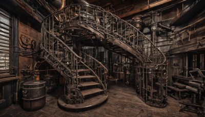 indoors,book,no humans,window,chair,table,sunlight,scenery,wooden floor,stairs,bookshelf,lamp,shelf,blinds,globe,monochrome,ladder,barrel,industrial pipe,crate