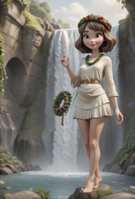 1girl,solo,breasts,looking at viewer,smile,short hair,skirt,brown hair,hair ornament,long sleeves,dress,brown eyes,standing,full body,flower,small breasts,outdoors,sky,barefoot,day,belt,cloud,water,white dress,feet,blue sky,lips,legs,bare legs,toes,plant,nature,toenails,rock,head wreath,waterfall,cliff,wreath,flower wreath,jewelry,necklace,nail polish,short dress,sunlight,headwear removed,fantasy