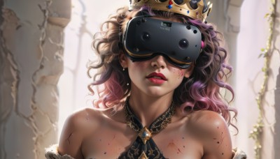 1girl,solo,long hair,brown hair,bare shoulders,jewelry,collarbone,upper body,pink hair,purple hair,multicolored hair,earrings,parted lips,teeth,artist name,medium hair,blurry,lips,blood,gradient hair,makeup,blurry background,wavy hair,crown,lipstick,portrait,facing viewer,freckles,blood on face,red lips,dirty,head-mounted display,necklace,curly hair,realistic