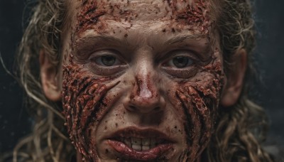 1girl,solo,long hair,looking at viewer,blonde hair,brown eyes,parted lips,teeth,tongue,tongue out,blurry,lips,blood,portrait,close-up,blood on face,realistic,horror (theme),1boy,male focus,black eyes,clenched teeth,extra eyes