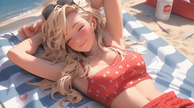 1girl,solo,long hair,breasts,blush,smile,bangs,blonde hair,navel,cleavage,bare shoulders,jewelry,medium breasts,closed mouth,collarbone,swimsuit,closed eyes,upper body,heart,bikini,earrings,outdoors,lying,choker,day,midriff,on back,armpits,water,stomach,arms up,lips,fingernails,ocean,beach,sunlight,sunglasses,arms behind head,facing viewer,eyewear on head,red bikini,hoop earrings,sand,shade,beach towel,nail polish,towel,red nails