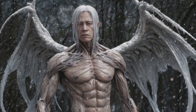 solo,looking at viewer,1boy,closed mouth,upper body,white hair,male focus,outdoors,wings,tree,muscular,scar,abs,pectorals,muscular male,nature,snow,forest,demon wings,veins,snowing,realistic,white eyes,bare tree,long hair,red eyes,navel,nipples,nude,feathered wings,topless male,angel wings,angel,manly,veiny arms