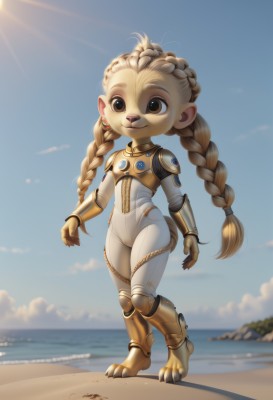 1girl,solo,long hair,smile,blonde hair,animal ears,twintails,brown eyes,jewelry,very long hair,closed mouth,standing,tail,full body,braid,earrings,outdoors,sky,day,artist name,cloud,armor,blurry,twin braids,flat chest,blue sky,bodysuit,ocean,beach,child,claws,furry,sand,furry female,sun,female child,animal nose,desert,animal feet,barefoot,pointy ears,water,blurry background,sunlight,gauntlets,joints,gold,snout,gold armor,digitigrade