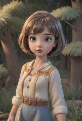 1girl,solo,looking at viewer,short hair,bangs,skirt,brown hair,shirt,long sleeves,brown eyes,jewelry,standing,white shirt,earrings,outdoors,parted lips,day,belt,blurry,tree,lips,blue skirt,eyelashes,makeup,buttons,depth of field,blurry background,bob cut,thick eyebrows,grass,lipstick,nature,buckle,forest,freckles,belt buckle,nose,arms at sides,red lips,stud earrings,brown belt,sleeves past elbows,blush,dress,collarbone,upper body,artist name,plant,denim