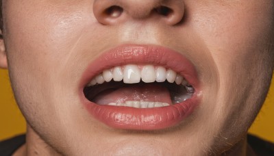 solo,looking at viewer,open mouth,simple background,brown hair,1boy,brown eyes,male focus,teeth,tongue,lips,facial hair,portrait,yellow background,close-up,realistic,nose,parody,uvula