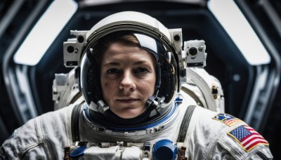 solo,looking at viewer,brown hair,1boy,closed mouth,upper body,male focus,blurry,black eyes,helmet,reflection,science fiction,realistic,old,dirty,american flag,spacesuit,united states,astronaut,blurry background,portrait,space,planet,earth (planet),spacecraft,dirty face,space helmet