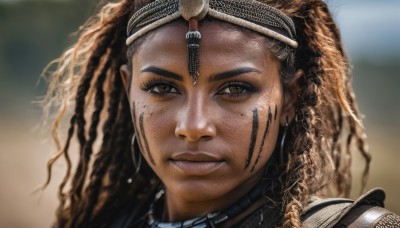 1girl,solo,long hair,looking at viewer,smile,brown hair,brown eyes,jewelry,closed mouth,earrings,dark skin,armor,blurry,dark-skinned female,lips,eyelashes,tattoo,blurry background,facial mark,portrait,freckles,curly hair,hoop earrings,realistic,nose,facepaint,facial tattoo,very dark skin,dreadlocks,chainmail,black hair,necklace,wavy hair,close-up