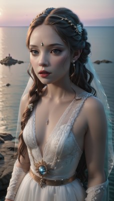 1girl,solo,long hair,breasts,looking at viewer,blue eyes,brown hair,black hair,hair ornament,dress,cleavage,bare shoulders,jewelry,collarbone,upper body,braid,flower,earrings,small breasts,outdoors,parted lips,sleeveless,day,belt,artist name,hair flower,water,necklace,white dress,blurry,black eyes,lips,grey eyes,single braid,makeup,sleeveless dress,depth of field,blurry background,bird,ocean,beach,tiara,gem,veil,forehead,pendant,freckles,circlet,rock,wedding dress,realistic,nose,red lips,bridal veil,watercraft,forehead jewel,bride,head chain,medium breasts,sky,teeth,see-through,sunlight,lipstick