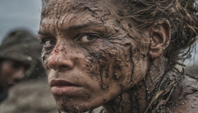 looking at viewer,short hair,brown hair,1boy,closed mouth,male focus,multiple boys,solo focus,blurry,black eyes,lips,blood,depth of field,blurry background,portrait,realistic,dirty,damaged,debris,solo,black hair,gloves,weapon,outdoors,sky,fingerless gloves,grey eyes,facial hair,beard,close-up,serious,dirty face