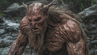 solo,long hair,open mouth,1boy,upper body,male focus,outdoors,horns,teeth,pointy ears,water,blurry,wet,muscular,blurry background,colored skin,fangs,rain,veins,realistic,looking at viewer,closed mouth,no humans,facial hair,beard,monster