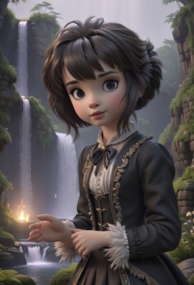 1girl,solo,looking at viewer,blush,smile,short hair,bangs,brown hair,black hair,long sleeves,dress,bow,ribbon,closed mouth,flower,outdoors,frills,day,puffy sleeves,artist name,water,black eyes,black dress,tree,lips,grey eyes,eyelashes,black ribbon,black bow,fire,plant,web address,freckles,nose,fantasy,candle,waterfall,fountain,standing,upper body,small breasts,watermark,lace trim,lace,lolita fashion,adjusting clothes,gothic lolita