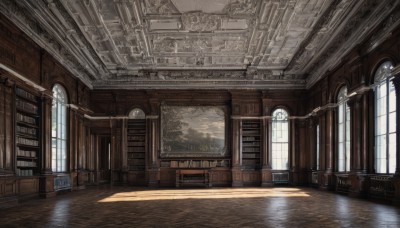 sky,day,cloud,indoors,water,tree,book,no humans,window,chair,table,sunlight,scenery,reflection,light rays,wooden floor,stairs,door,bookshelf,architecture,sunbeam,pillar,library,reflective floor,artist name,painting (object)