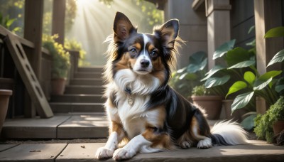 HQ,solo,looking at viewer,open mouth,blue eyes,jewelry,sitting,full body,outdoors,day,necklace,blurry,no humans,animal,fangs,sunlight,cat,plant,pendant,dog,light rays,stairs,realistic,potted plant,animal focus,brown eyes,signature,blurry background,leaf