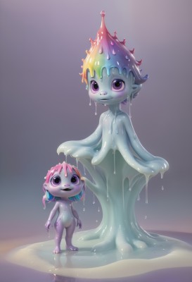 smile,short hair,open mouth,multiple girls,simple background,2girls,closed mouth,blue hair,standing,purple eyes,full body,pink hair,multicolored hair,pointy ears,looking at another,colored skin,looking up,monster girl,child,tentacle hair,blue skin,dripping,purple skin,slime (substance),slime girl,looking at viewer,blush,:d,nude,parted lips,teeth,artist name,flat chest,two-tone hair,gradient,gradient background,:3,heterochromia,watermark,pink skin