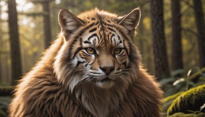 solo,looking at viewer,brown eyes,closed mouth,yellow eyes,outdoors,blurry,tree,no humans,depth of field,blurry background,animal,cat,grass,plant,nature,forest,realistic,animal focus,whiskers,tiger,day,signature,close-up