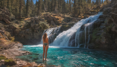 1girl, solo, long hair, brown hair, standing, swimsuit, ass, bikini, outdoors, day, water, from behind, tree, dutch angle, black bikini, back, nature, scenery, wading, forest, rock, facing away, waterfall