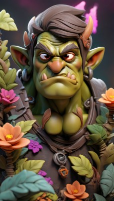 solo,looking at viewer,short hair,red eyes,1boy,jewelry,closed mouth,upper body,flower,grey hair,male focus,earrings,horns,pointy ears,armor,muscular,colored skin,frown,leaf,fangs,thick eyebrows,hoop earrings,green skin,monster boy,orc,tusks,eyebrow cut,brown hair,teeth,cosplay,piercing,pectorals,muscular male,pink flower,serious,nose,goblin