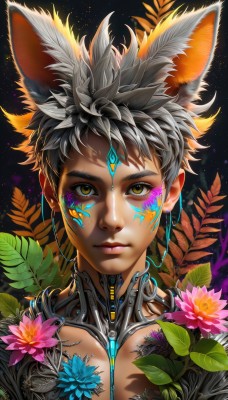 1girl,solo,breasts,looking at viewer,short hair,black hair,animal ears,brown eyes,jewelry,closed mouth,yellow eyes,upper body,flower,grey hair,earrings,dark skin,lips,fox ears,eyelashes,glowing,leaf,facial mark,plant,portrait,extra ears,pink flower,science fiction,nose,facepaint,cyborg,lotus,lily pad