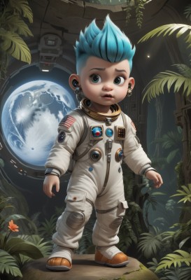 solo,open mouth,blue eyes,1boy,jewelry,blue hair,standing,full body,flower,male focus,earrings,teeth,signature,tree,leaf,plant,spiked hair,child,science fiction,realistic,cable,space,male child,earphones,planet,earth (planet),american flag,spacecraft,spacesuit,japanese flag,astronaut,1girl,aged down,mohawk