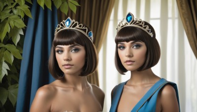 1girl,breasts,looking at viewer,short hair,bangs,multiple girls,brown hair,black hair,2girls,cleavage,bare shoulders,brown eyes,medium breasts,closed mouth,collarbone,upper body,indoors,dark skin,blunt bangs,dark-skinned female,lips,eyelashes,makeup,leaf,bob cut,tiara,crown,plant,curtains,gem,dual persona,realistic,nose,window,eyeshadow