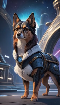 solo,looking at viewer,brown eyes,closed mouth,standing,full body,outdoors,sky,artist name,signature,armor,blurry,fur trim,no humans,night,animal,shoulder armor,gem,star (sky),night sky,starry sky,dog,fantasy,animal focus,watermark,web address,fur collar,realistic,pillar