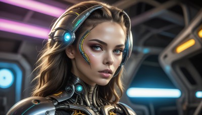 HQ,1girl,solo,long hair,looking at viewer,blue eyes,brown hair,parted lips,blurry,lips,eyelashes,bodysuit,makeup,blurry background,headgear,lipstick,portrait,forehead,eyeshadow,science fiction,realistic,nose,cyborg,cyberpunk,upper body,close-up,cable