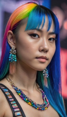 1girl,solo,long hair,breasts,looking at viewer,bangs,cleavage,bare shoulders,jewelry,medium breasts,closed mouth,blue hair,collarbone,upper body,multicolored hair,earrings,necklace,blurry,black eyes,two-tone hair,lips,eyelashes,makeup,blurry background,portrait,freckles,beads,realistic,nose,bead necklace,pearl necklace,rainbow hair,blonde hair,brown eyes,green hair,streaked hair