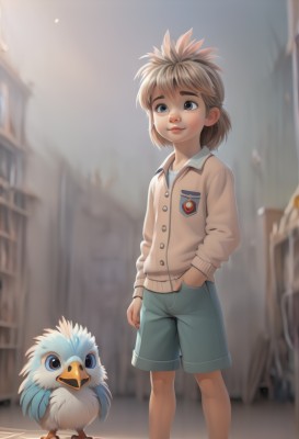 1girl,solo,short hair,blue eyes,blonde hair,brown hair,shirt,long sleeves,1boy,closed mouth,standing,jacket,male focus,outdoors,shorts,artist name,medium hair,blurry,black eyes,lips,buttons,blurry background,bird,animal,light brown hair,thick eyebrows,cardigan,building,child,blue shorts,hand in pocket,female child,male child,badge,beak,creature and personification,looking at viewer,smile,watermark