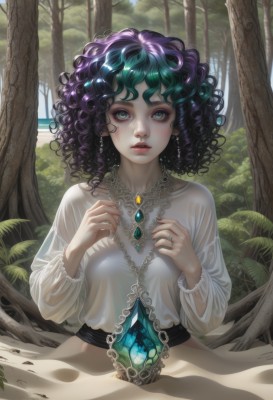 1girl,solo,breasts,looking at viewer,short hair,shirt,long sleeves,jewelry,green eyes,white shirt,upper body,purple hair,multicolored hair,earrings,outdoors,parted lips,green hair,teeth,day,artist name,signature,water,necklace,nail polish,tree,lips,fingernails,see-through,eyelashes,makeup,glowing,leaf,watermark,wavy hair,sunlight,ring,bug,plant,gem,butterfly,nature,lace,web address,forest,freckles,curly hair,realistic,nose,blouse,messy hair