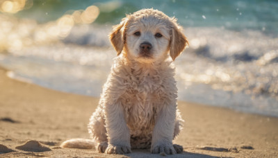 solo, looking at viewer, standing, full body, outdoors, blurry, no humans, depth of field, blurry background, animal, dog, realistic, sand, animal focus