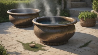 outdoors,day,water,no humans,shadow,sunlight,grass,plant,steam,scenery,smoke,potted plant,bush,flower pot,stone floor,bowl,still life,pavement