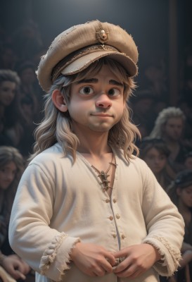 long hair,looking at viewer,smile,multiple girls,brown hair,shirt,long sleeves,1boy,hat,brown eyes,jewelry,closed mouth,white shirt,upper body,male focus,solo focus,necklace,blurry,black eyes,grey eyes,buttons,depth of field,blurry background,facial hair,thick eyebrows,child,beard,6+boys,realistic,brown headwear,male child,crowd,solo,blonde hair,lips,fur trim,parody,mustache