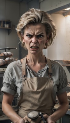 1girl,solo,looking at viewer,short hair,blue eyes,blonde hair,shirt,holding,jewelry,white shirt,upper body,short sleeves,earrings,parted lips,teeth,indoors,mole,blurry,apron,lips,mole under eye,clenched teeth,grey shirt,freckles,realistic,bread,dirty,kitchen,dirty face,wrinkled skin,blood,makeup,lipstick,angry,veins