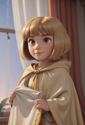 1girl,solo,blush,smile,short hair,bangs,blonde hair,brown hair,long sleeves,holding,brown eyes,closed mouth,upper body,artist name,indoors,hood,blunt bangs,blurry,lips,window,depth of field,blurry background,bob cut,plant,curtains,child,cloak,freckles,robe,nose,blanket,female child,potted plant,looking at viewer,wide sleeves,cape,neckerchief,thick eyebrows