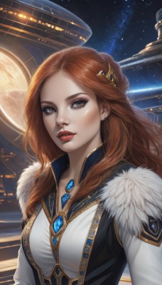 1girl,solo,long hair,breasts,looking at viewer,brown hair,hair ornament,brown eyes,jewelry,upper body,earrings,parted lips,sky,artist name,lips,fur trim,makeup,night,lipstick,brooch,gem,star (sky),night sky,eyeshadow,starry sky,freckles,red lips,medium breasts,red hair,orange hair,realistic,nose