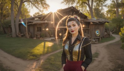 1girl,solo,long hair,breasts,looking at viewer,smile,skirt,brown hair,shirt,hair ornament,long sleeves,brown eyes,jewelry,medium breasts,closed mouth,standing,upper body,earrings,outdoors,day,collared shirt,tree,lips,see-through,black shirt,makeup,red skirt,sunlight,suspenders,grass,robot,lipstick,third eye,scenery,lens flare,science fiction,hands in pockets,red lips,road,bench,extra eyes,black hair,parted lips,nature,forest,realistic