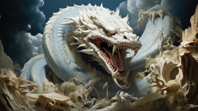 open mouth,yellow eyes,outdoors,sky,teeth,cloud,no humans,night,fangs,moon,cloudy sky,sharp teeth,skull,monster,snake,dragon,scales,skeleton,bone,weapon,horns,fantasy,giant