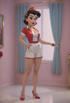 1girl,solo,breasts,looking at viewer,blush,smile,short hair,open mouth,brown hair,shirt,black hair,hat,holding,cleavage,brown eyes,jewelry,medium breasts,standing,collarbone,jacket,full body,short sleeves,earrings,shorts,teeth,indoors,uniform,black eyes,high heels,short shorts,makeup,upper teeth only,lipstick,curtains,red footwear,red headwear,red jacket,cigarette,hand in pocket,white shorts,red lips,nail polish,window,hands in pockets,painting (object)