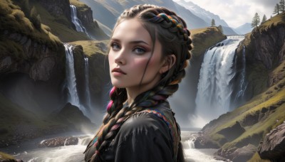 1girl,solo,long hair,looking at viewer,blue eyes,brown hair,black hair,upper body,braid,multicolored hair,outdoors,parted lips,sky,day,cloud,water,twin braids,from side,tree,lips,looking to the side,eyelashes,makeup,portrait,nature,scenery,hair over shoulder,forehead,eyeshadow,freckles,mountain,realistic,nose,river,waterfall,cliff,multiple braids,hair ornament,jewelry,necklace,streaked hair,sunlight,lipstick,mascara