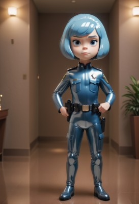 1girl,solo,looking at viewer,short hair,bangs,blue eyes,closed mouth,blue hair,standing,full body,weapon,boots,shiny,belt,artist name,indoors,signature,uniform,shiny hair,gun,bodysuit,bob cut,plant,handgun,hands on hips,pouch,holster,police,police uniform,policewoman,black footwear,lips,child,science fiction,female child,lamp