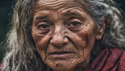 solo,long hair,looking at viewer,1boy,brown eyes,closed mouth,white hair,grey hair,male focus,scarf,blurry,lips,scar,portrait,freckles,realistic,old,old man,old woman,wrinkled skin,black eyes,grey eyes,facial hair,close-up